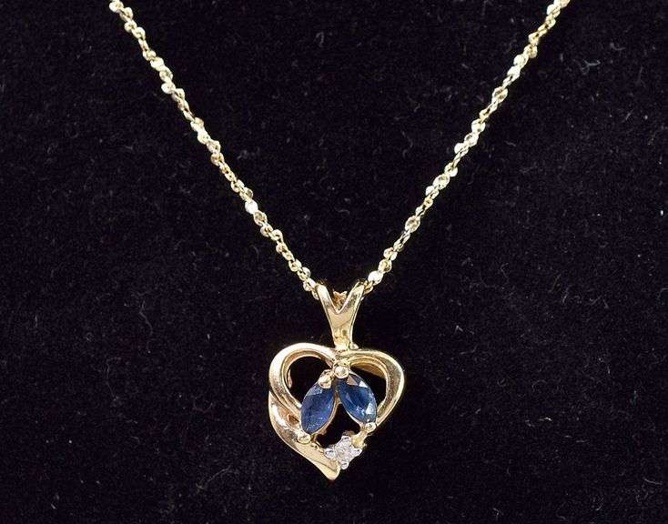 Lovely 14K Yellow Gold Heart Pendant with Blue Sapphire and Diamond Gemstones