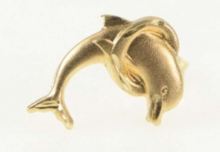 14K Yellow Gold Jumping Dolphin Ocean Single Stud Earring