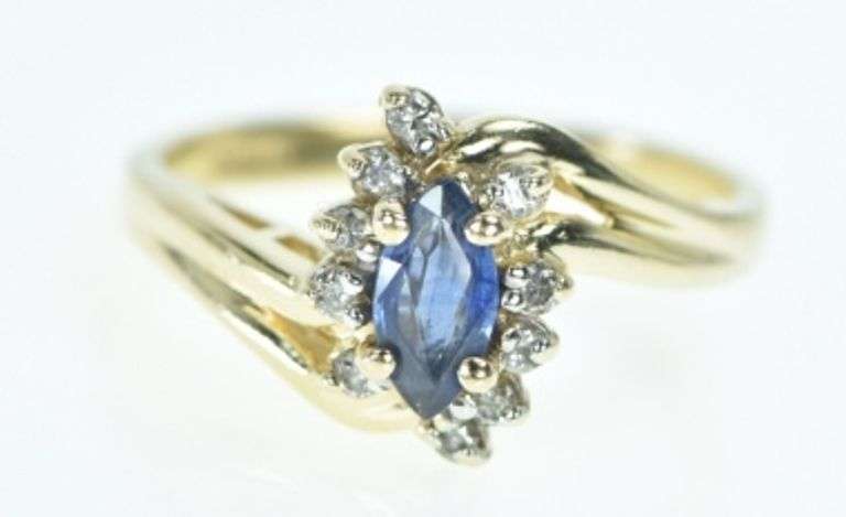 14K Yellow Gold Sapphire Diamond Halo Engagement Ring