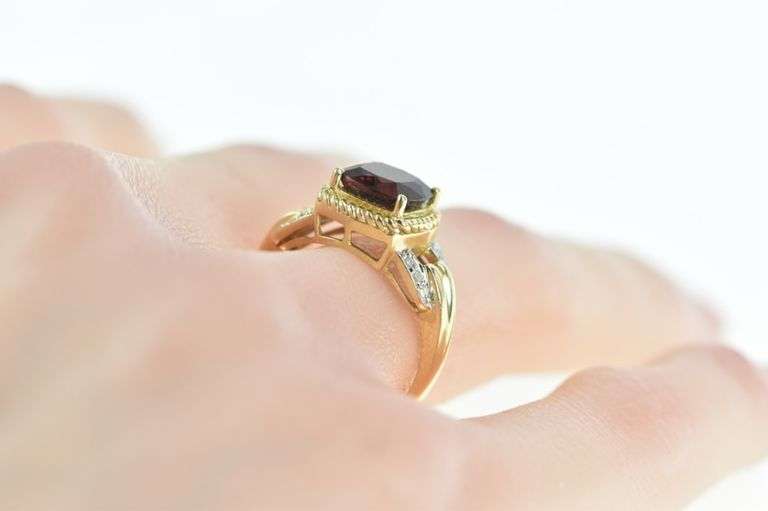 14K Yellow Gold Cushion Garnet Diamond Accent Ring