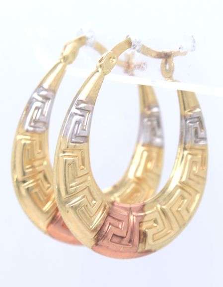 14kt Tri color gold Greek style oval hoop earrings