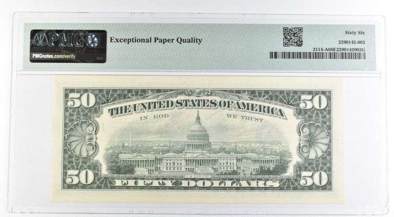 1969 $50 Boston MA US FRN Fr#2114-A 66 Gem Unc EPQ PMG