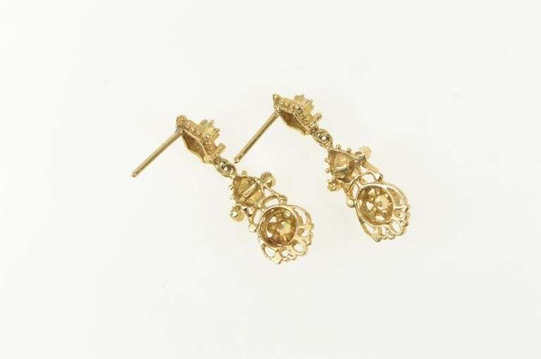 14K Yellow Gold Victorian Ornate Opal Diamond Dangle Earrings