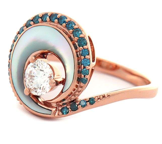 Na Hoku 0.70ctw White and Irradiated Blue Diamond with Mother of Pearl Wave Ring in 14K