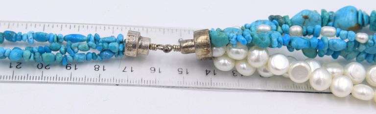 Turquoise and Pearl multi strand bead necklace