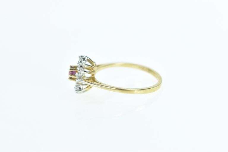 14K Yellow Gold Ruby Diamond Floral Halo Cocktail Ring
