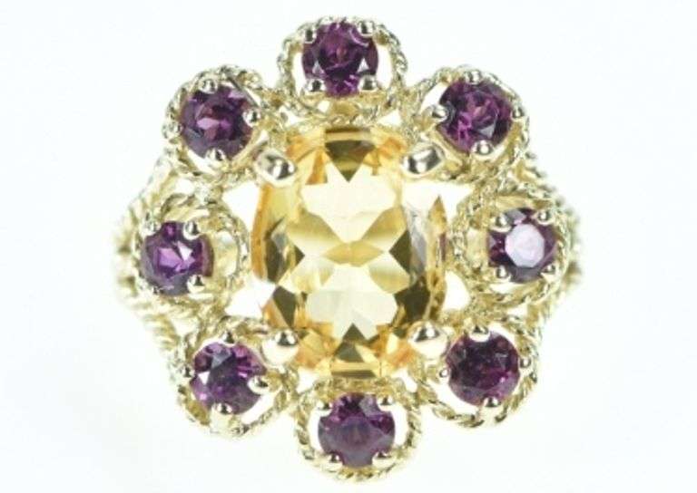 14K Yellow Gold Citrine Rubellite Vintage Cocktail Ring