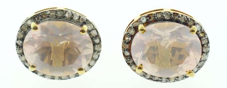 Natural Quartz Earrings with Gold Plated Silver and Diamond Accents