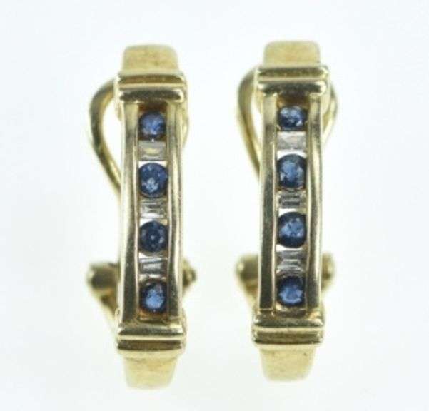 10K Yellow Gold Sapphire & Diamond French Clip Bar Earrings