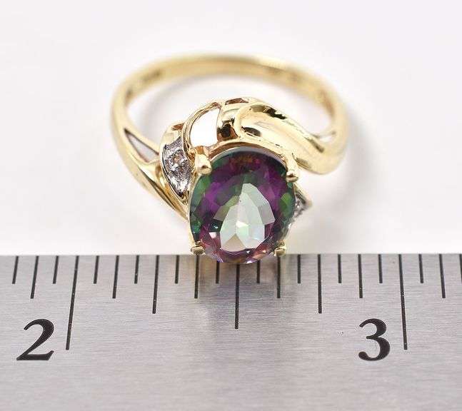 Perfect 10K Yellow Gold Mystic Topaz and Diamond Ring