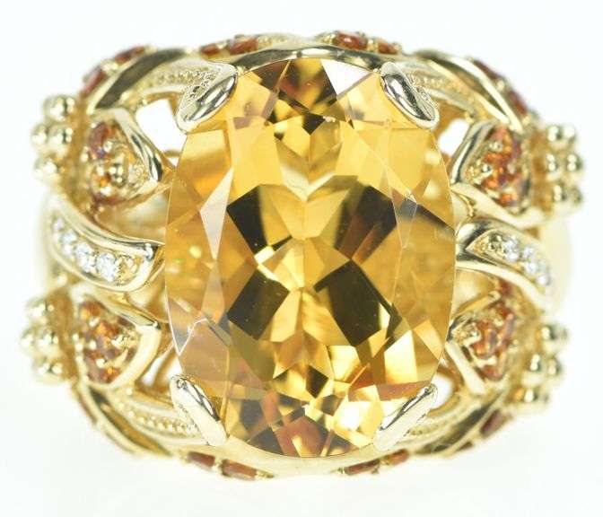 14K Yellow Gold Elaborate Citrine Diamond Floral Cocktail Ring