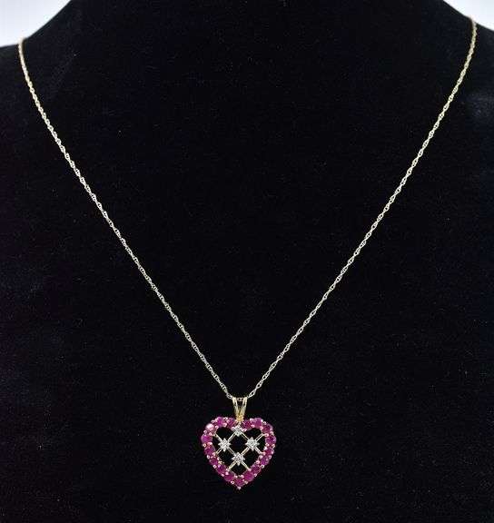 Stunning 10K Yellow Gold Ruby and Diamond Heart Pendant Necklace