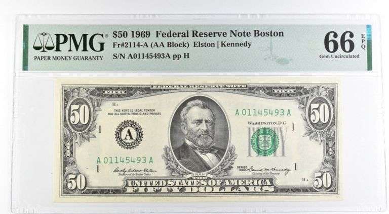 1969 $50 Boston MA US FRN Fr#2114-A 66 Gem Unc EPQ PMG