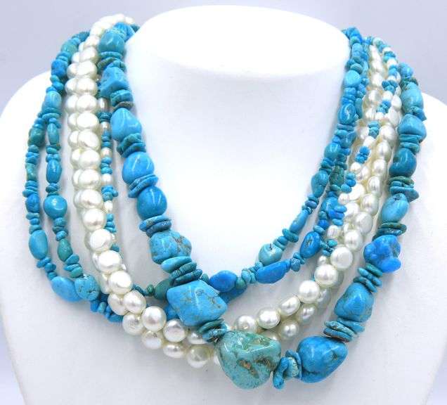 Turquoise and Pearl multi strand bead necklace