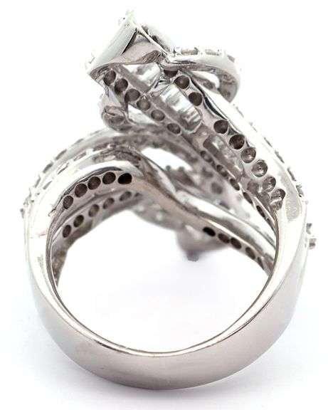 4.50ctw Round and Baguette Diamond Frame Swirl Bypass Cocktail Ring in 18K