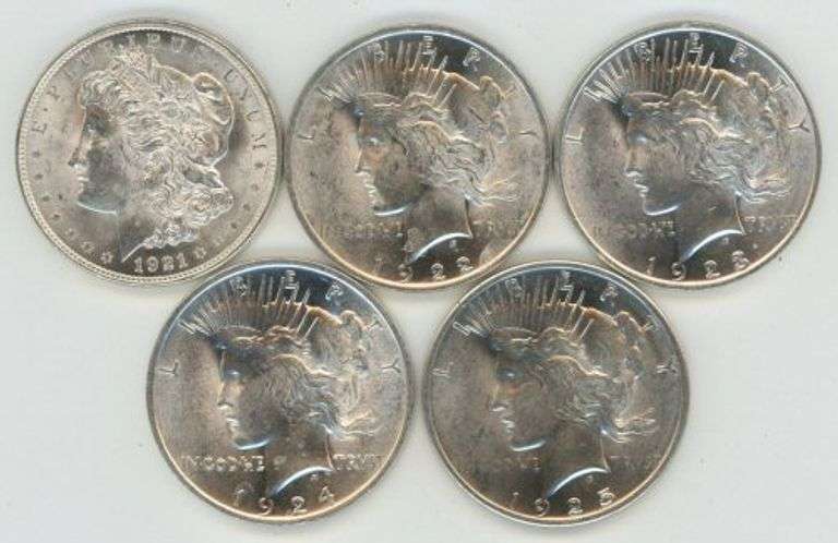 5 Different bright-white Choice BU Silver Dollars from 1921 to 1925