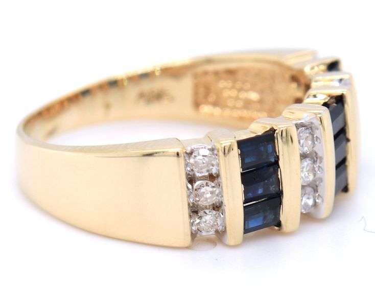 14kt Yellow gold 9 stone single cut diamond and baguette blue sapphire band