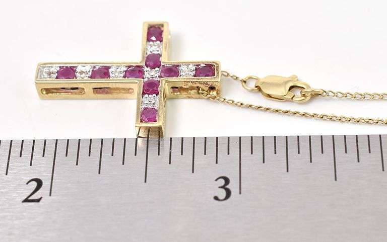 Holy 10K Yellow Gold Cross Pendant Necklace with Sapphire and Ruby Gemstones