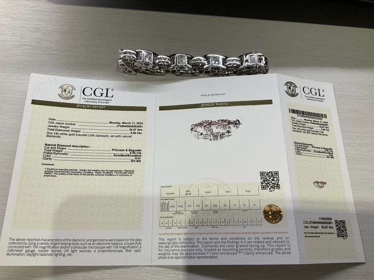 MEN'S BRAND NEW CERTIFIED 14K WHITE GOLD DIAMOND BRACELET. 5.50 CARATS