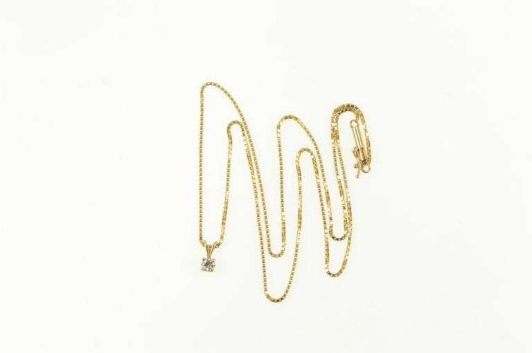 14K Yellow Gold 0.10 Ct Diamond Solitaire Box Chain Necklace
