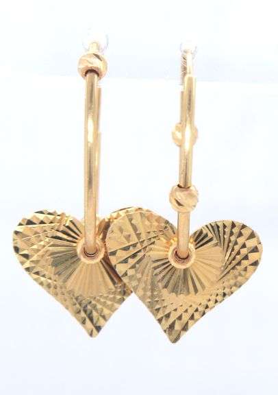 14kt Yellow gold hoop earrings with heart shaped charm