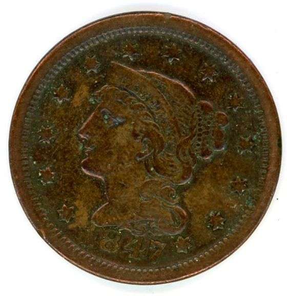 1847 Braided Hair Large Cent in VF+