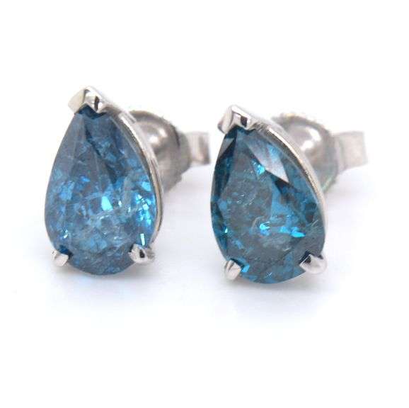 14kt White gold 2.06ctw Irradiated blue diamond pear shaped stud earrings