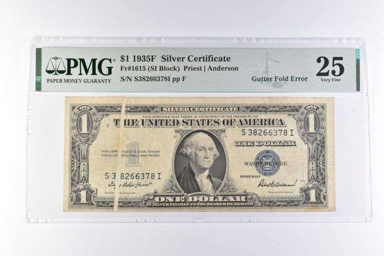 PMG 25 VF $1 1935F Silver Certificate Fr#1615 Gutter Fold Error