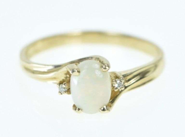 10K Yellow Gold Vintage Opal Diamond Accent Bypass Ring