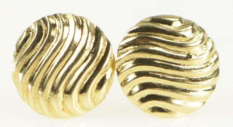 14K Yellow Gold Vintage Wave Curvy Round Circle Stud Earrings