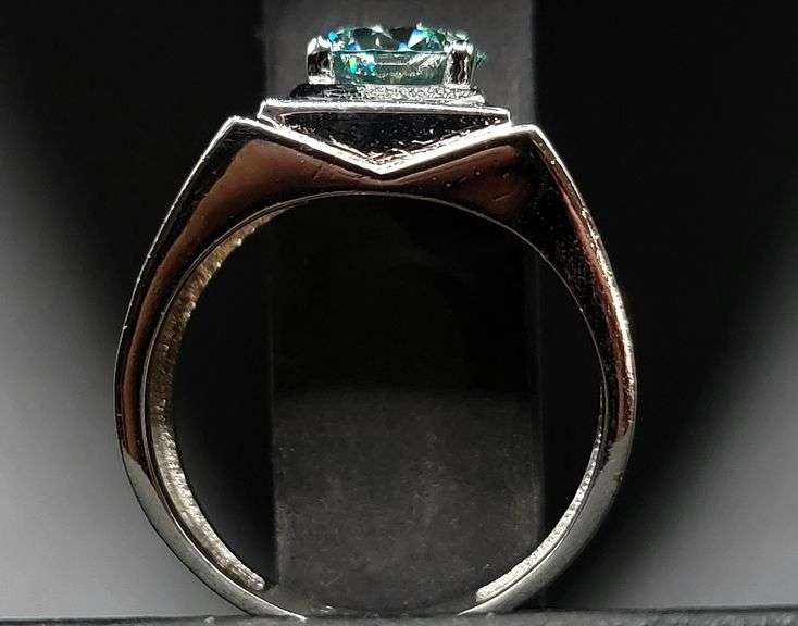 14 Kt White Gold Plate Men's Sparkling 2.35 Ct Mint Green Fire Moissanite Ring