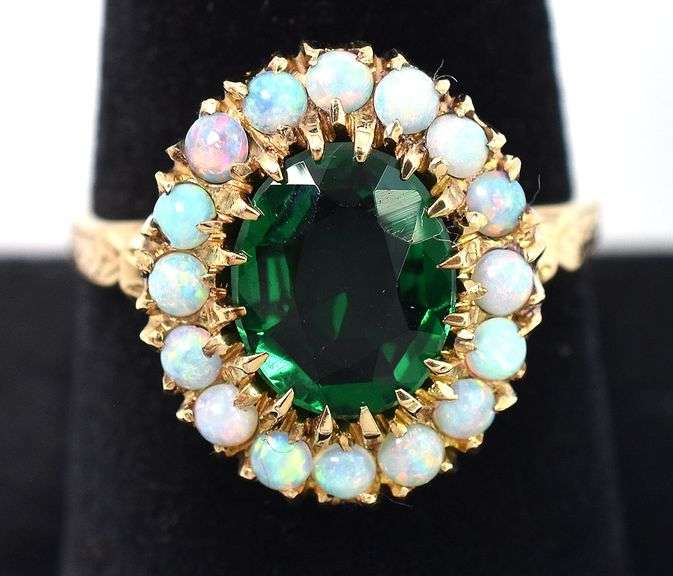Absolutely Stunning 10K Yellow Gold Emerald and Opal Seed Gemstone Ring