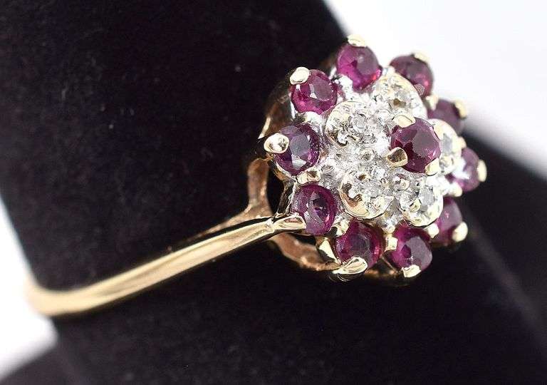 Darling 10K Yellow Gold Flower Ring with Ruby and Diamond Gemstones