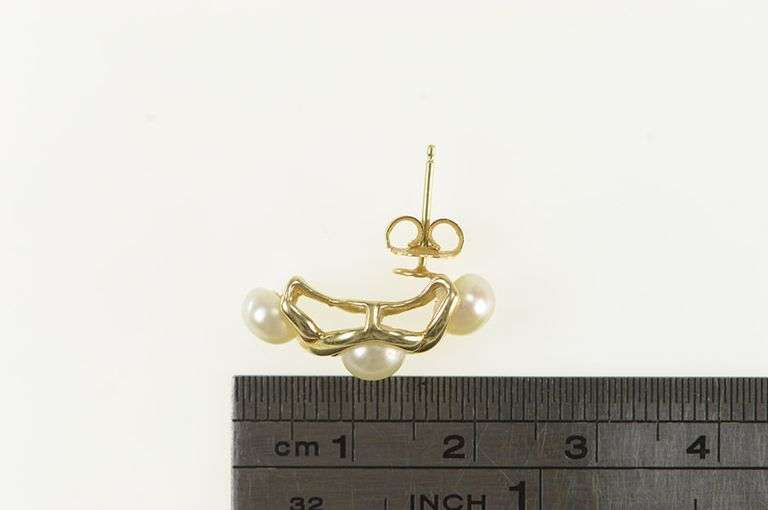 14K Yellow Gold Single Pearl XO Curved Vintage Drop Earring