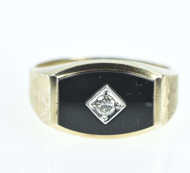 10K Yellow Gold Squared Black Onyx Diamond Men's Ring