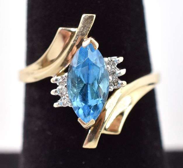 Perfect 10K Yellow Gold Blue Topaz and Diamond Ring