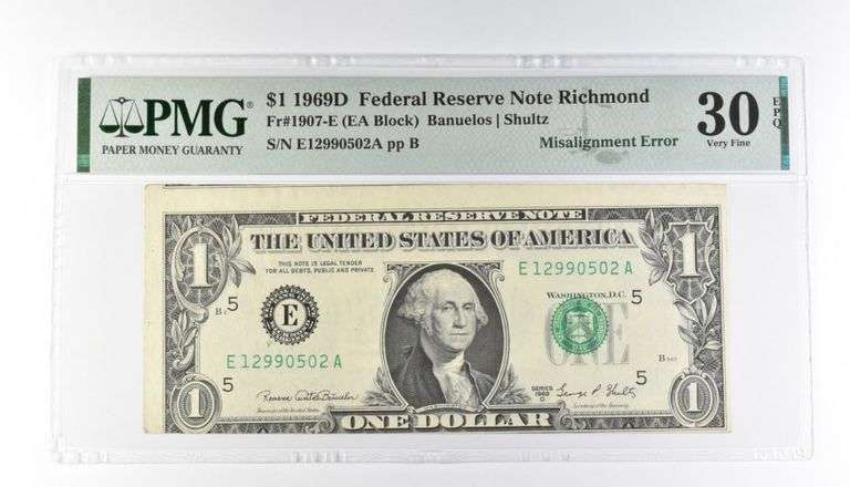 PMG 30 VF EPQ $1 1969D FRN Richmond Fr#1907-E Misalignment Error
