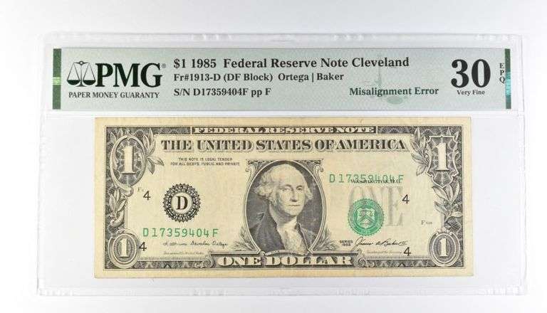 PMG 30 VF EPQ $1 1985 FRN Cleveland Fr#1913-D Misalignment Error