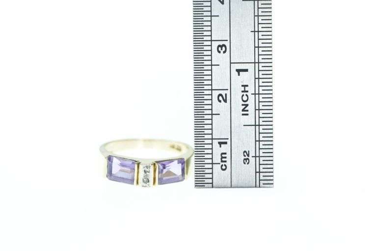 14K Yellow Gold Emerald Cut Amethyst Diamond Band Ring