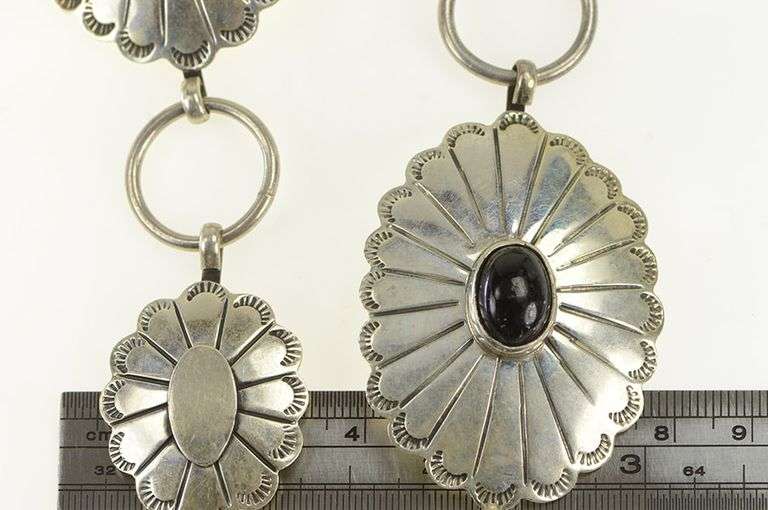 Sterling Silver Black Onyx Southwestern Stamped Oval Belt