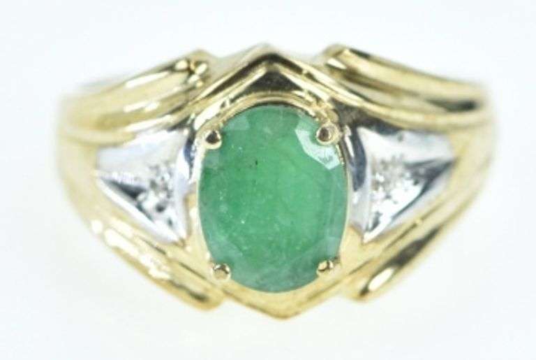 10K Yellow Gold Emerald Diamond Vintage Statement Ring
