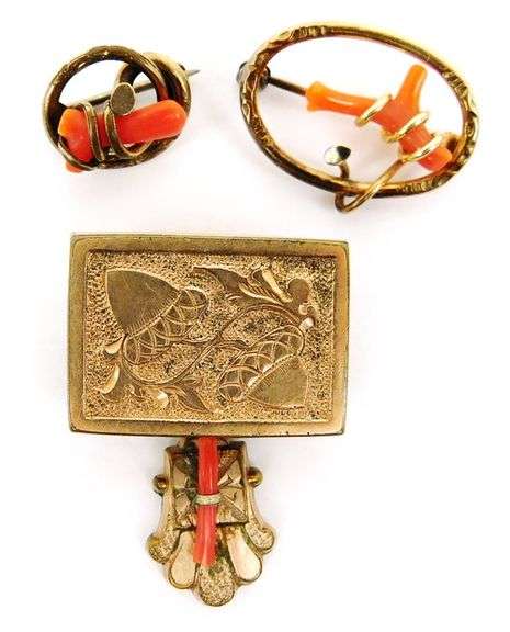3 Antique Gold Filled Coral Pins