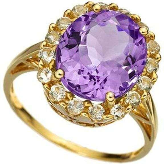 ALLURING 5.23 CARAT TW AMETHYST & WHITE TOPAZ 10K SOLID YELLOW GOLD RIN