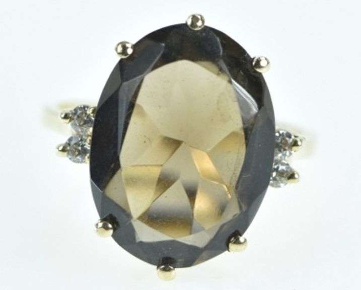 10K Yellow Gold Smoky Quartz Vintage Diamond Accent Ring