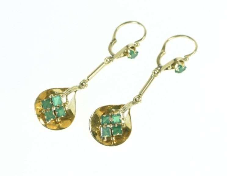 18K Yellow Gold Retro Princess Emerald Cluster Dangle Earrings