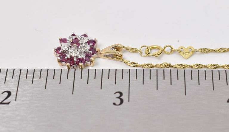 Stunning 14K Yellow Gold Flower Pendant Necklace with Ruby and Diamond Gemstones
