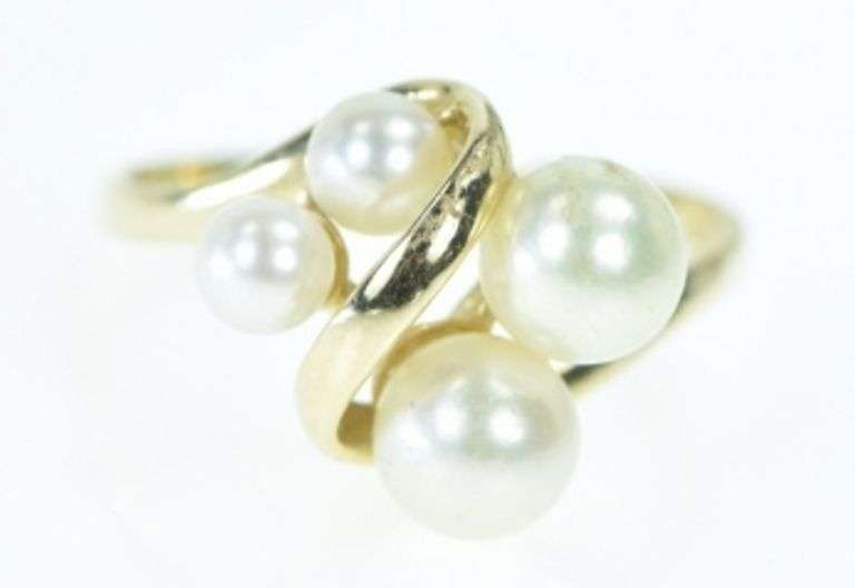 14K Yellow Gold Vintage Pearl Cluster Freeform Bypass Ring
