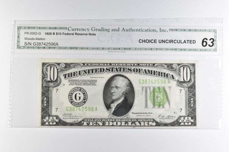 CGAI Choice Unc 63 $10 1928-B Chicago, IL US FRN Green Seal FR-2002-G