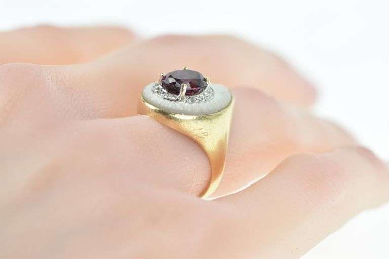 14K Yellow Gold Rubellite Mother of Pearl Diamond Planchette Ring