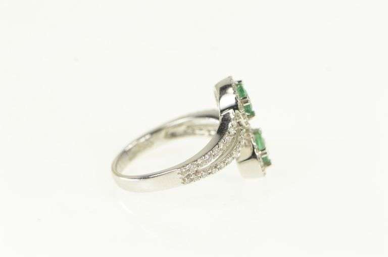 14K White Gold 1.45 Ctw Emerald Diamond Halo Bypass Ring